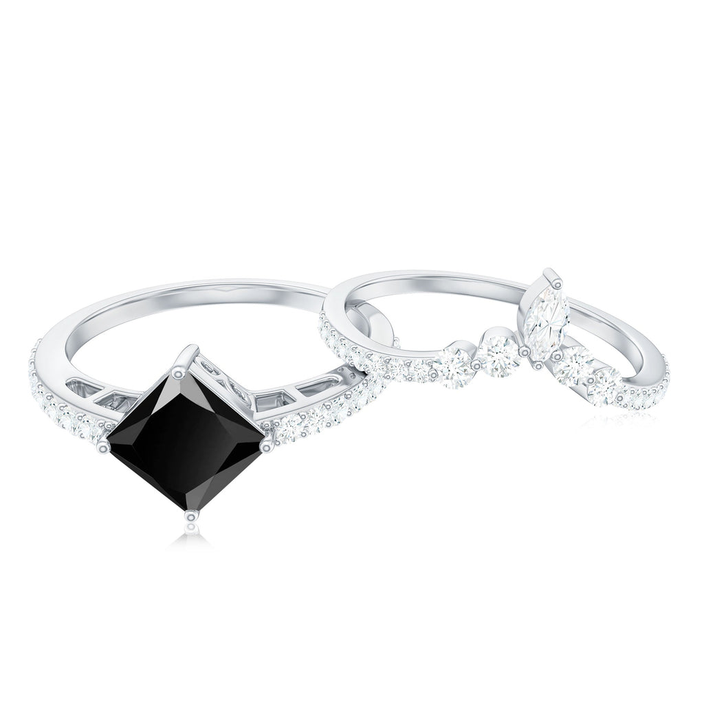 0.5 Carat Princess Cut Black Onyx Designer Wedding Rings Set with Moissanite