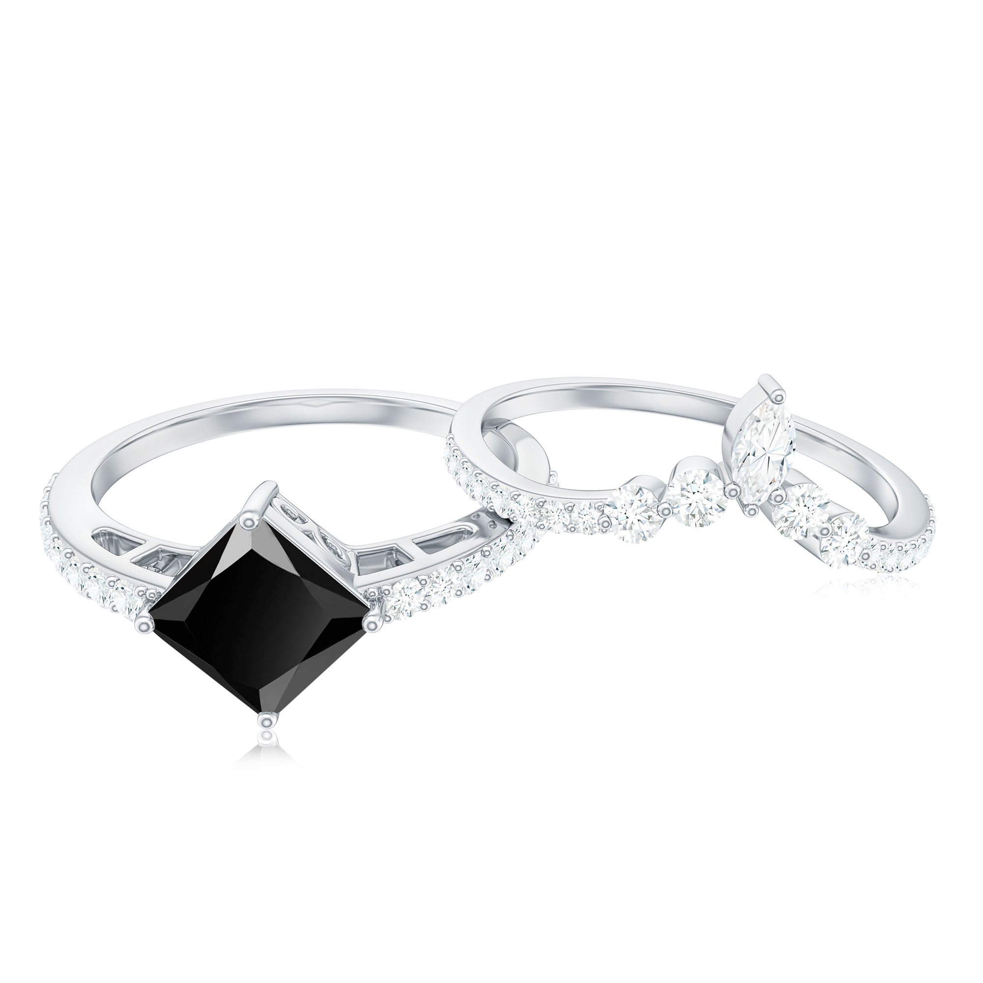 0.5 Carat Princess Cut Black Onyx Designer Wedding Rings Set with Moissanite