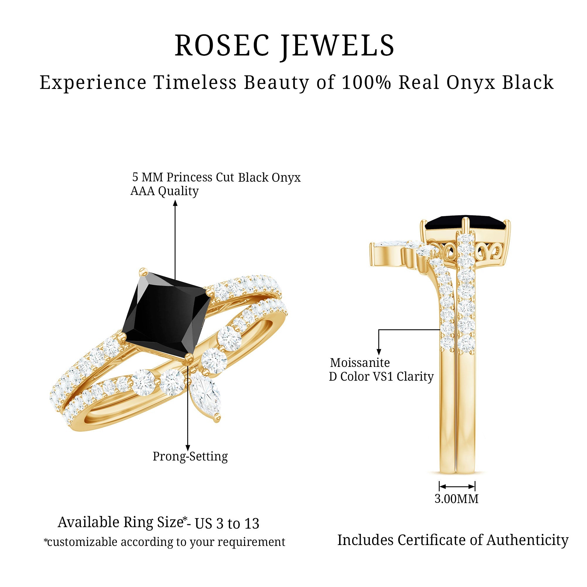 0.5 Carat Princess Cut Black Onyx Designer Wedding Rings Set with Moissanite
