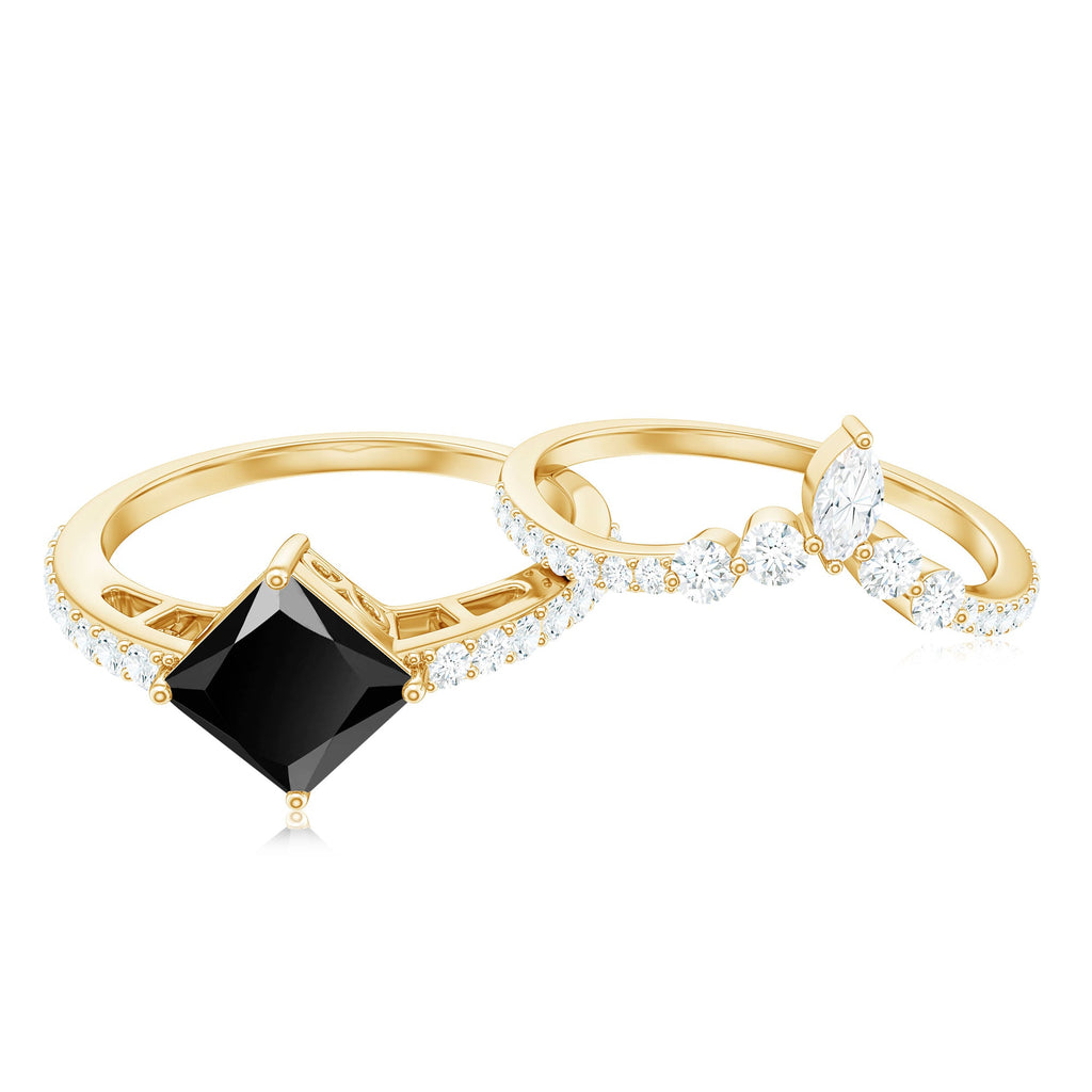 0.5 Carat Princess Cut Black Onyx Designer Wedding Rings Set with Moissanite