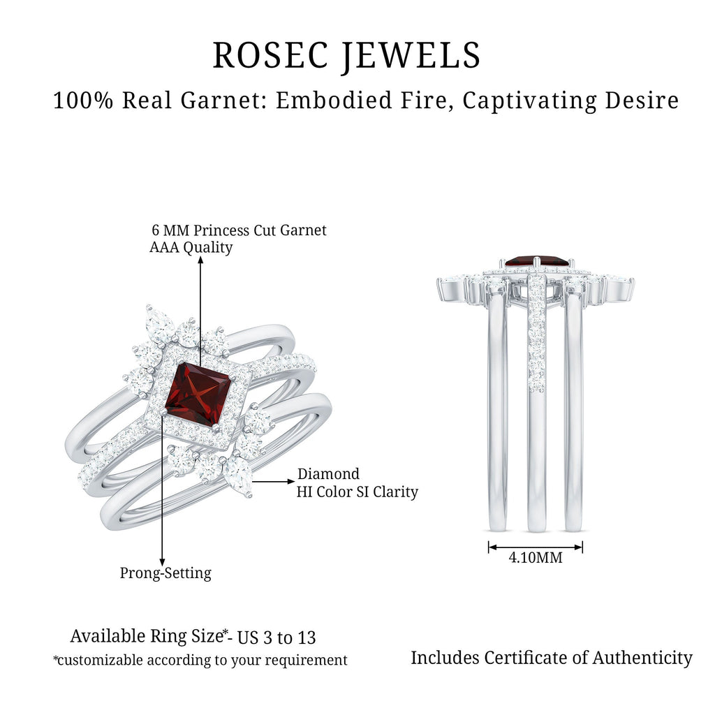 1.4 Carat Natural Garnet Diamond 3 Piece Bridal Ring Set
