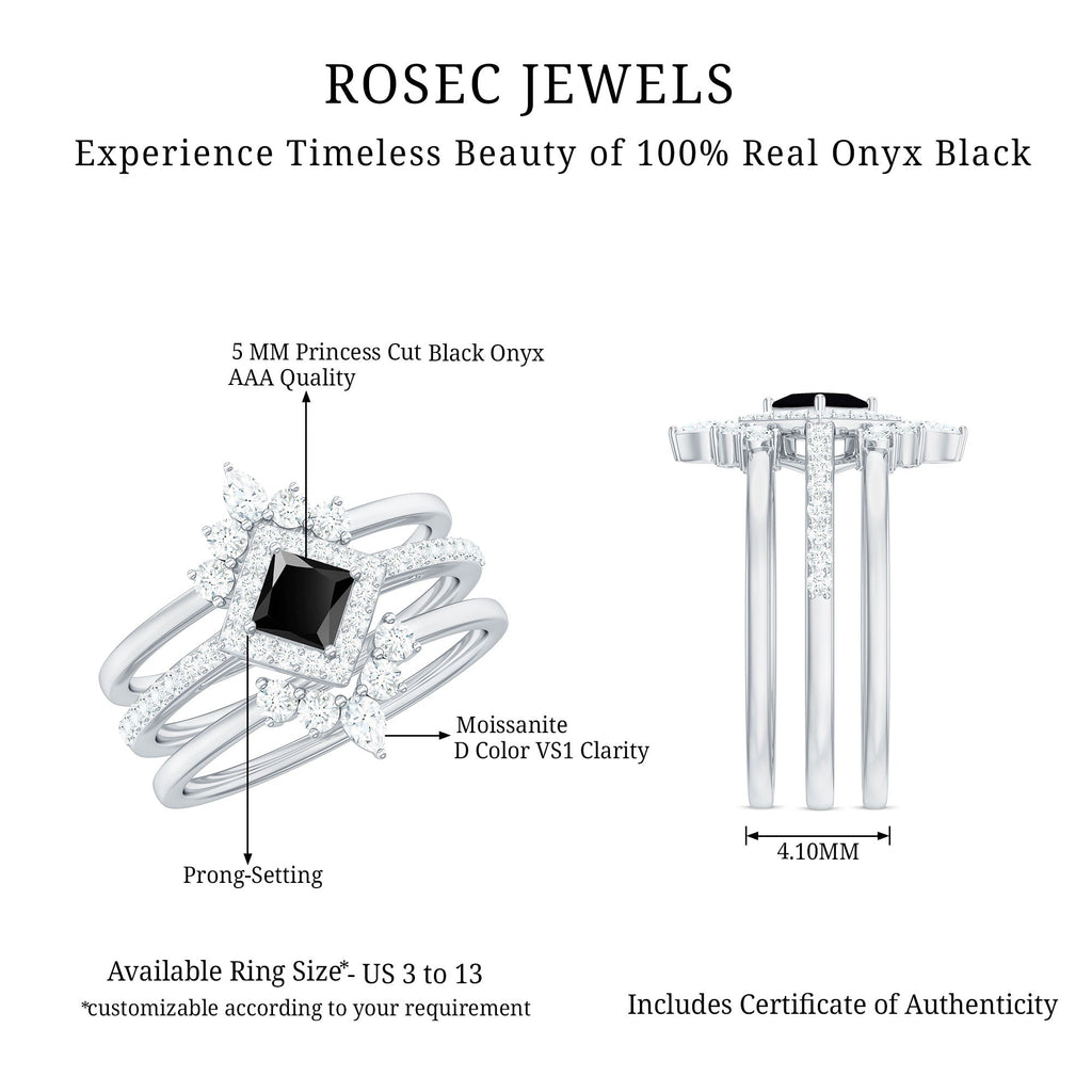 Certified 0.5 Carat Princess Cut Black Onyx Wedding Ring Set with Moissanite Band
