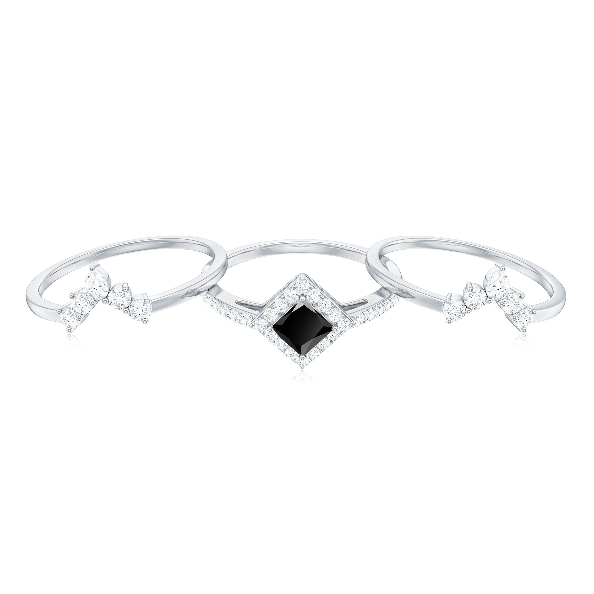Certified 0.5 Carat Princess Cut Black Onyx Wedding Ring Set with Moissanite Band