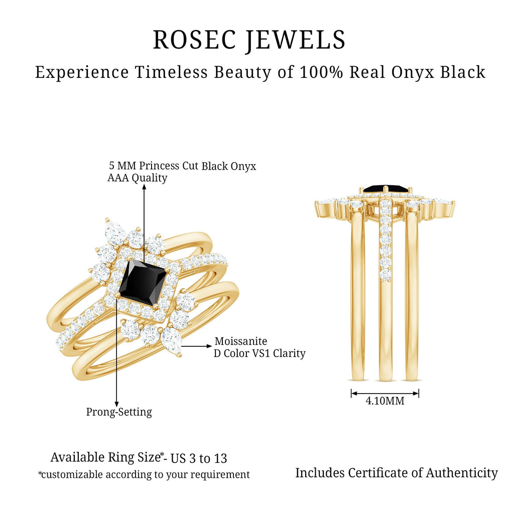 Certified 0.5 Carat Princess Cut Black Onyx Wedding Ring Set with Moissanite Band