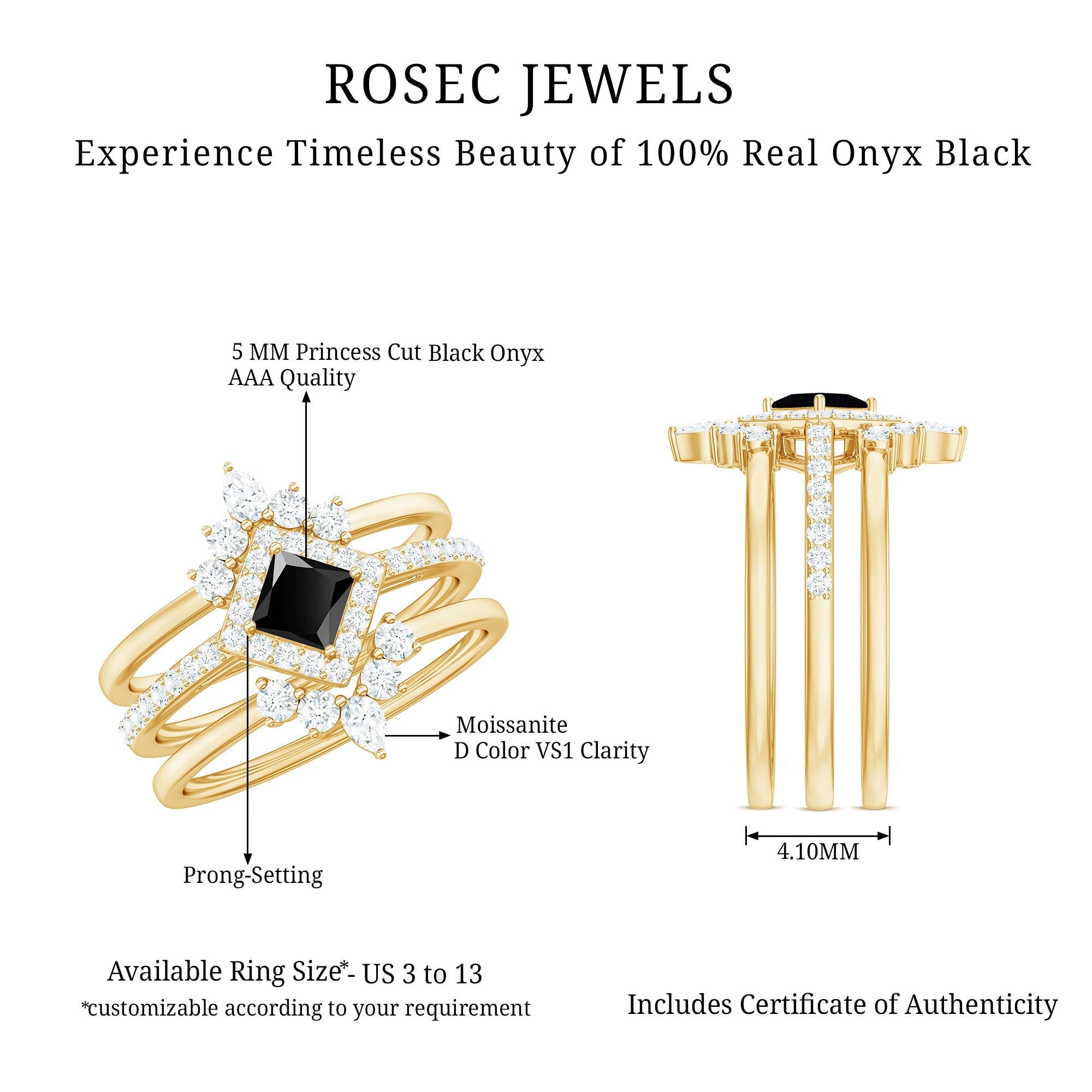 Certified 0.5 Carat Princess Cut Black Onyx Wedding Ring Set with Moissanite Band