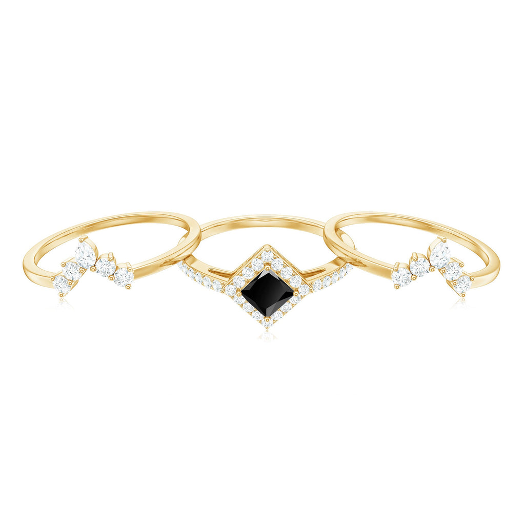 Certified 0.5 Carat Princess Cut Black Onyx Wedding Ring Set with Moissanite Band