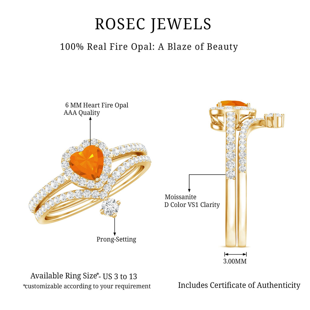 Heart Shape Fire Opal Ring Set with Moissanite