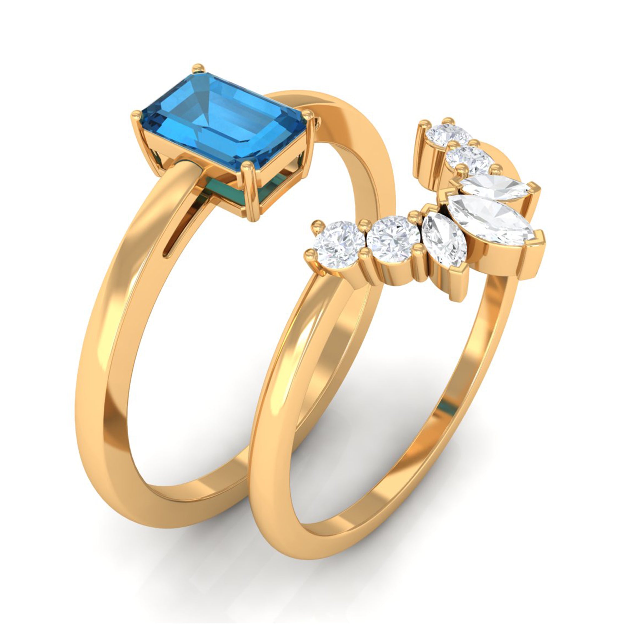 0.7 Carat Emerald Cut London Blue Topaz Solitaire Ring Set with Diamond