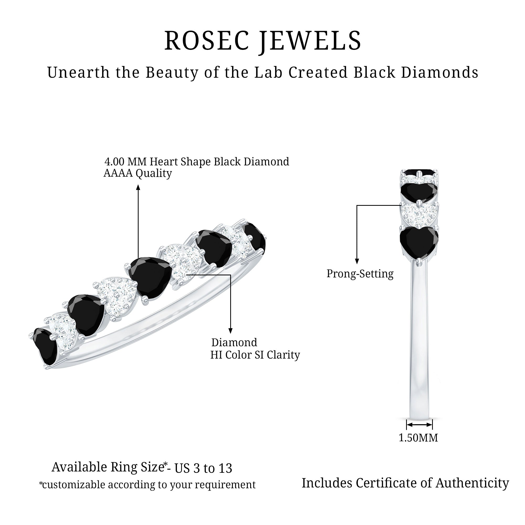 Lab Created Black Diamond Heart Half Eternity Ring with Diamond