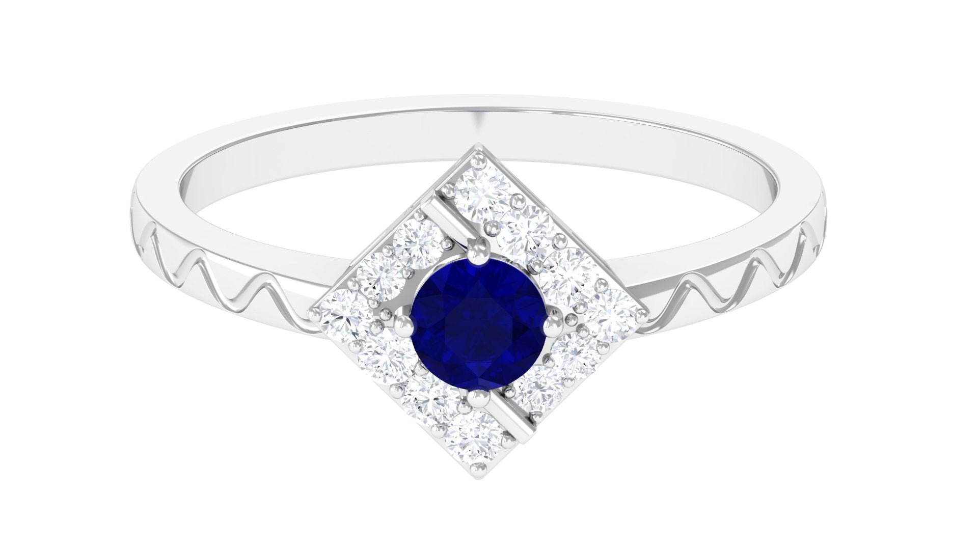 0.4 Carat Minimal Blue Sapphire and Diamond Ring with Textured Details