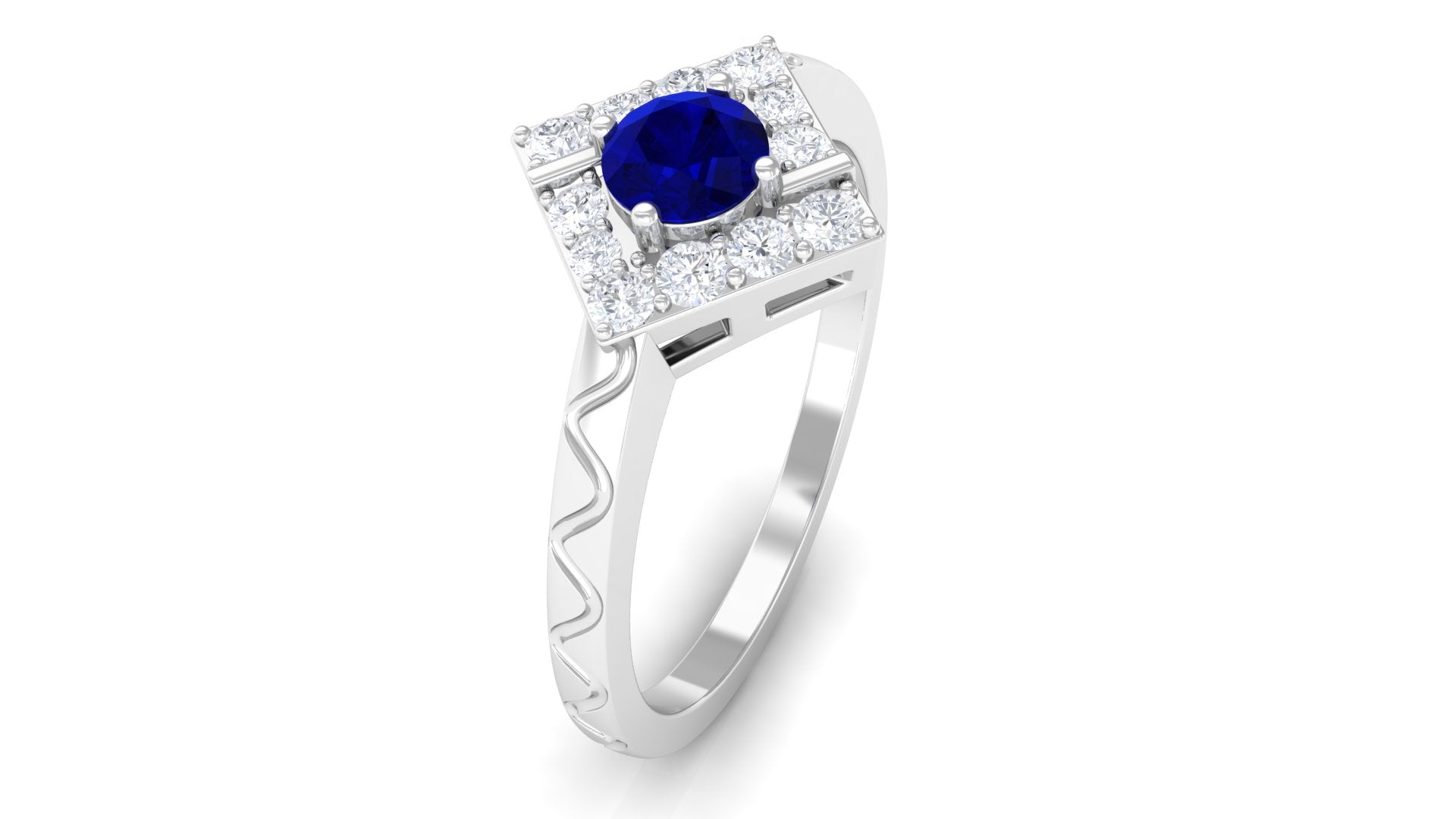 0.4 Carat Minimal Blue Sapphire and Diamond Ring with Textured Details