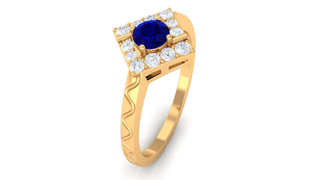 0.4 Carat Minimal Blue Sapphire and Diamond Ring with Textured Details