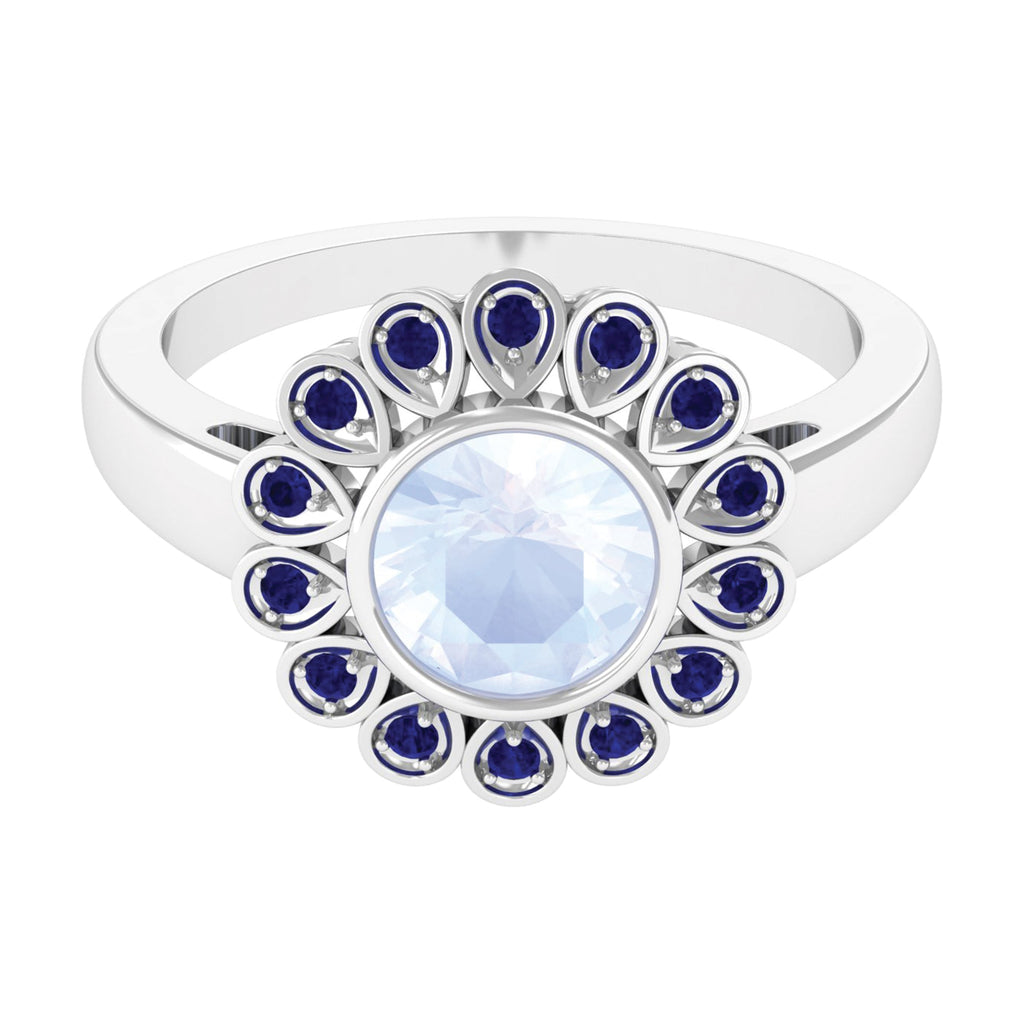 0.8 Carat Bezel Set Moonstone Vintage Inspired Engagement Ring with Blue Sapphire