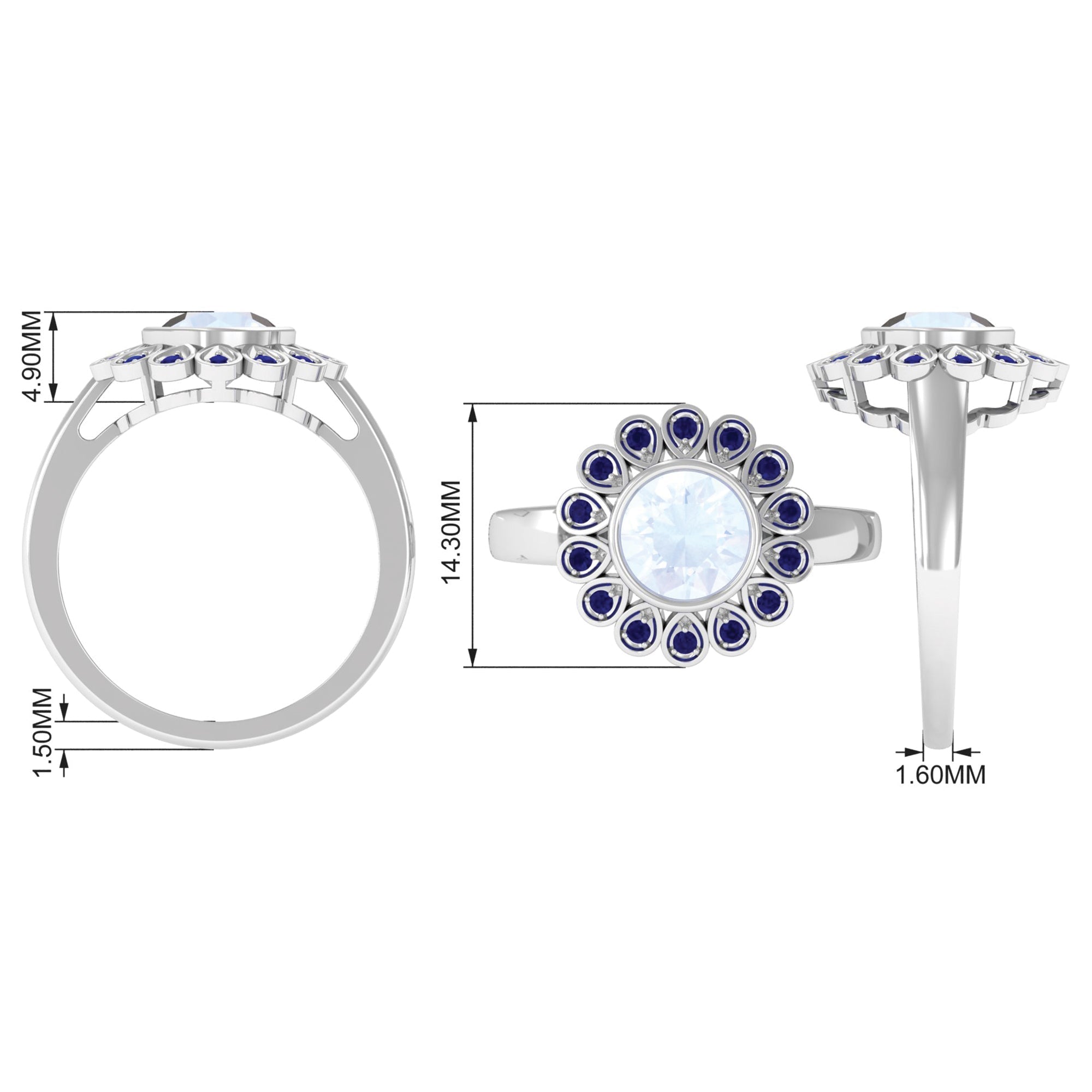 0.8 Carat Bezel Set Moonstone Vintage Inspired Engagement Ring with Blue Sapphire