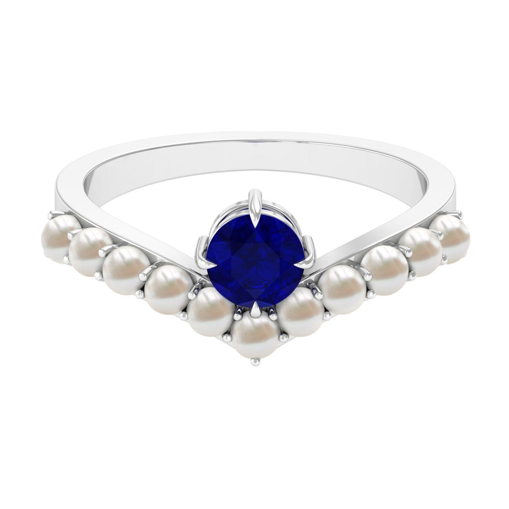 0.9 Carat Solitaire Blue Sapphire and Freshwater Pearl Chevron Ring