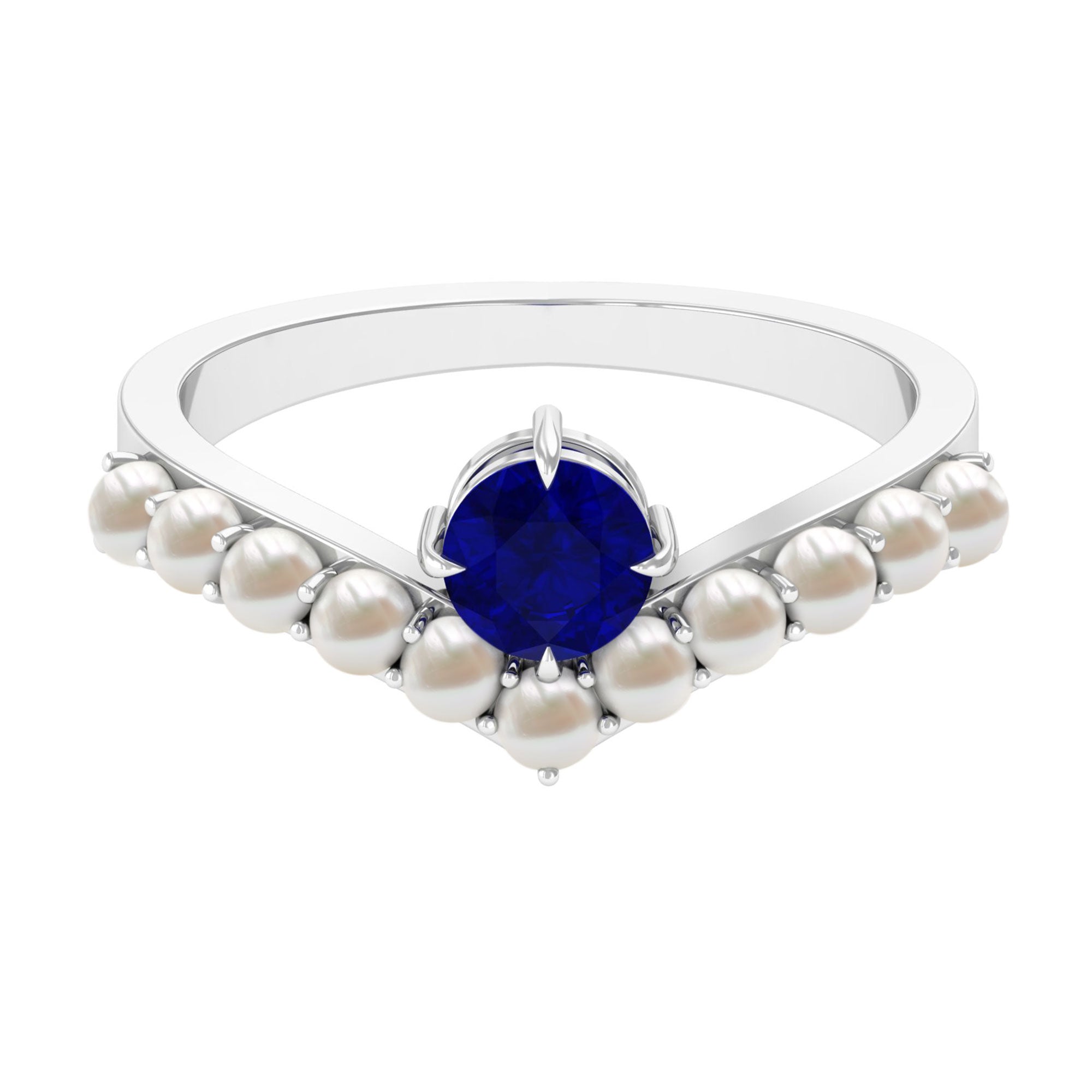 0.9 Carat Solitaire Blue Sapphire and Freshwater Pearl Chevron Ring