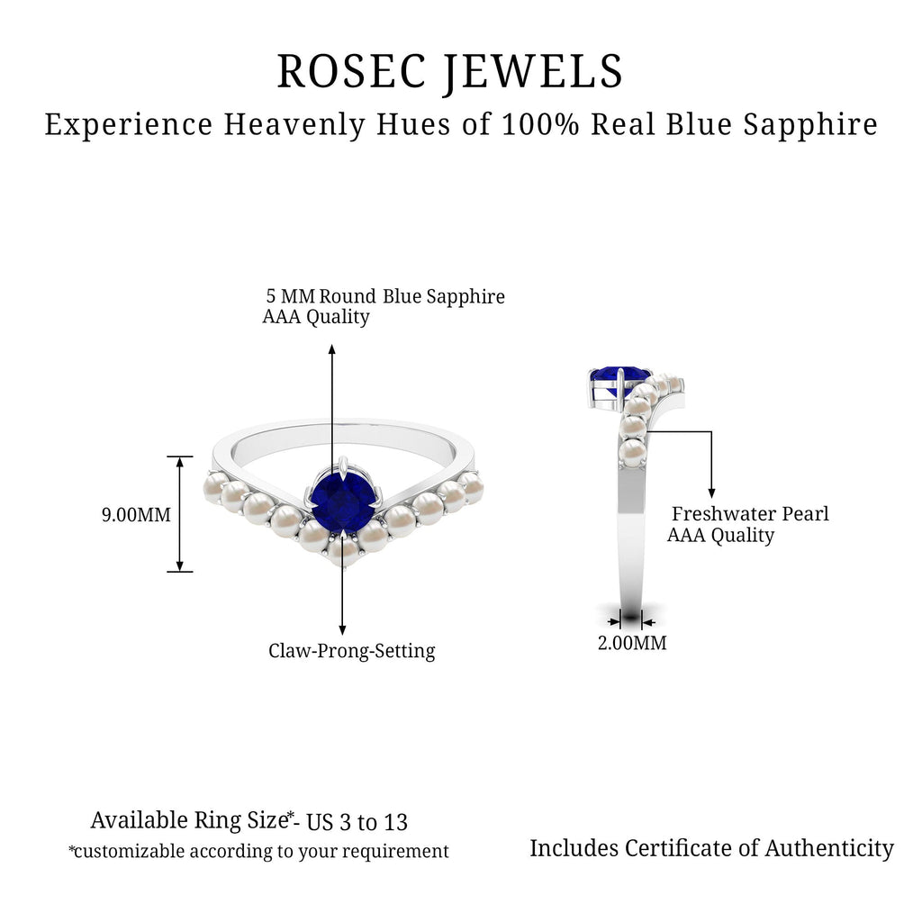 0.9 Carat Solitaire Blue Sapphire and Freshwater Pearl Chevron Ring