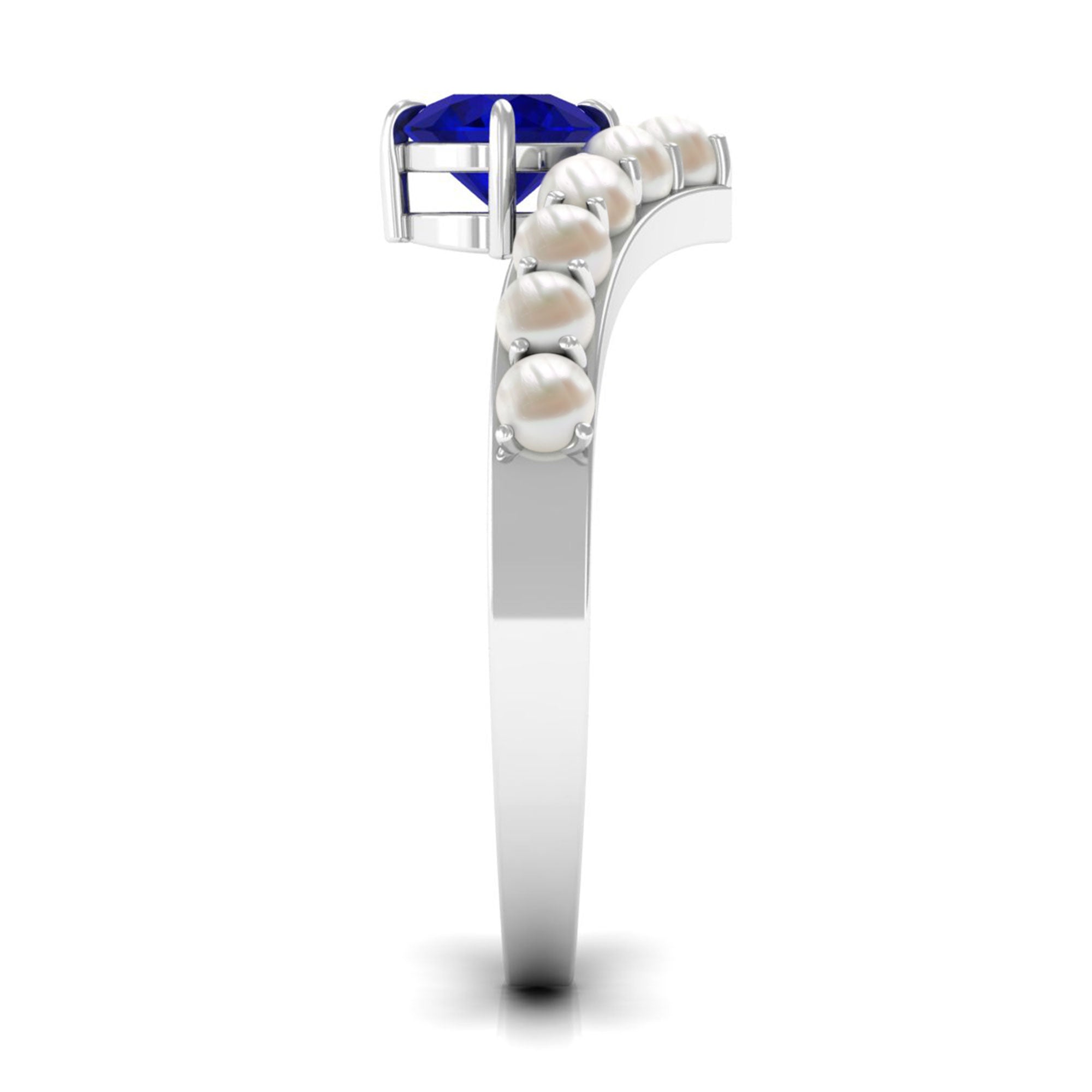 0.9 Carat Solitaire Blue Sapphire and Freshwater Pearl Chevron Ring