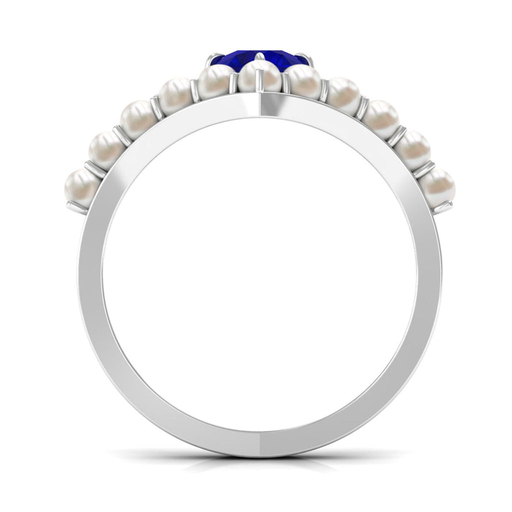 0.9 Carat Solitaire Blue Sapphire and Freshwater Pearl Chevron Ring