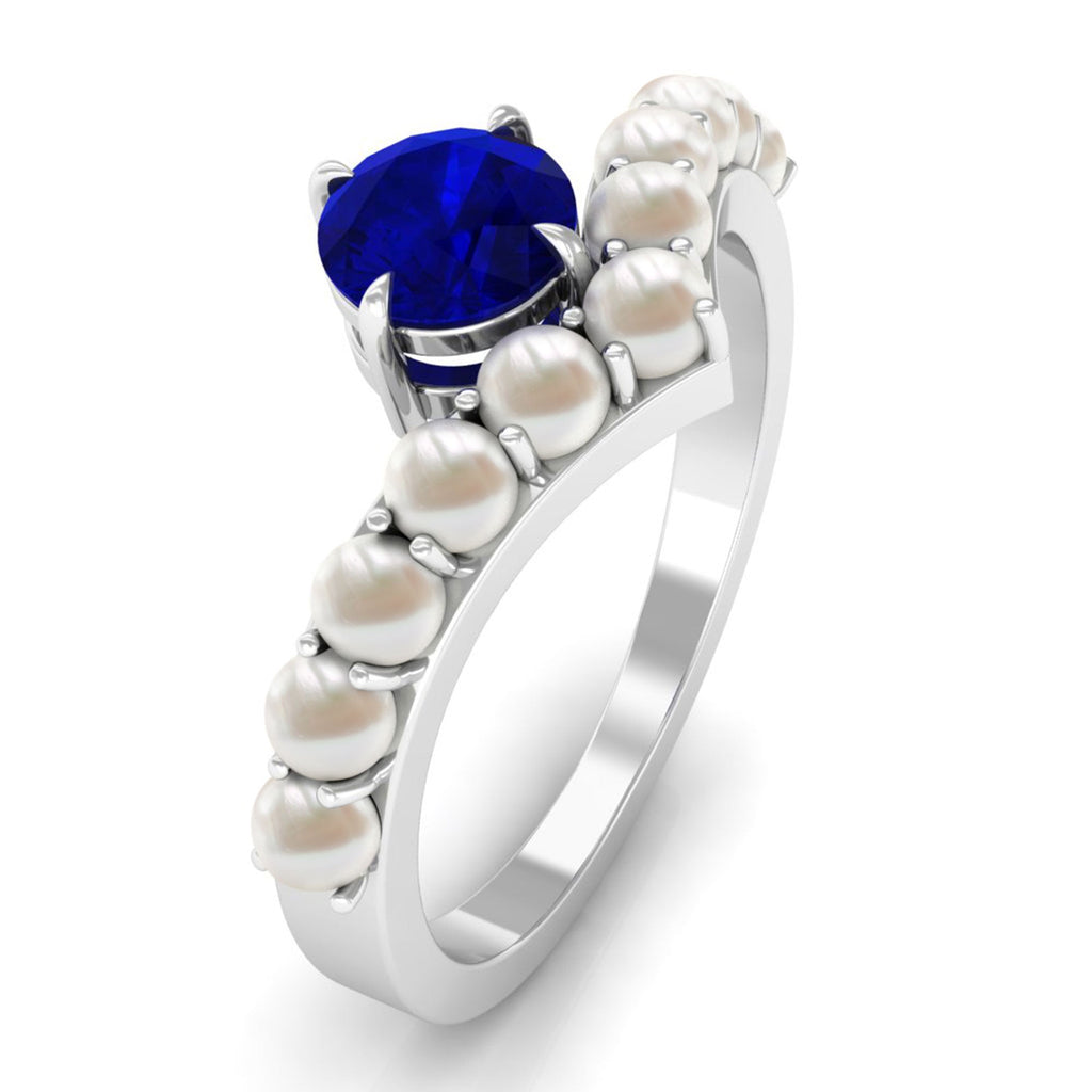 0.9 Carat Solitaire Blue Sapphire and Freshwater Pearl Chevron Ring