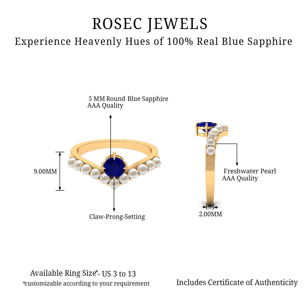 0.9 Carat Solitaire Blue Sapphire and Freshwater Pearl Chevron Ring