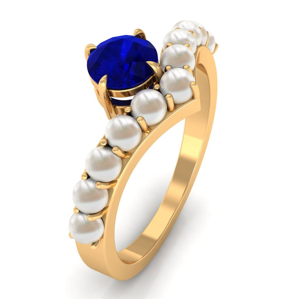 0.9 Carat Solitaire Blue Sapphire and Freshwater Pearl Chevron Ring