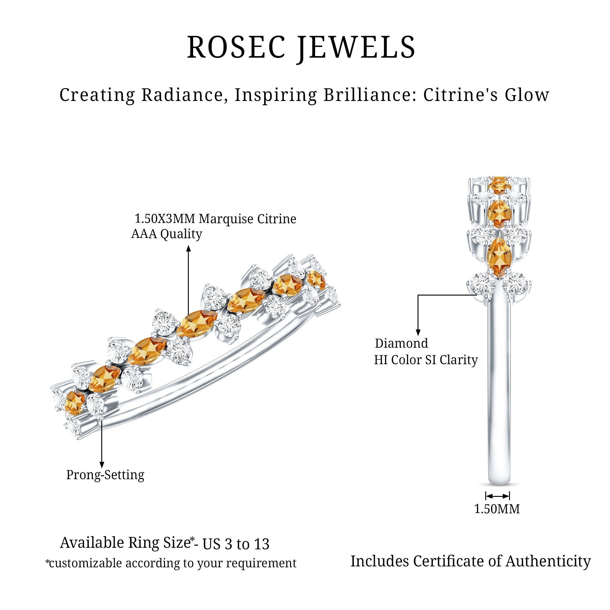 Natural Citrine Diamond Half Eternity Ring with Certificate