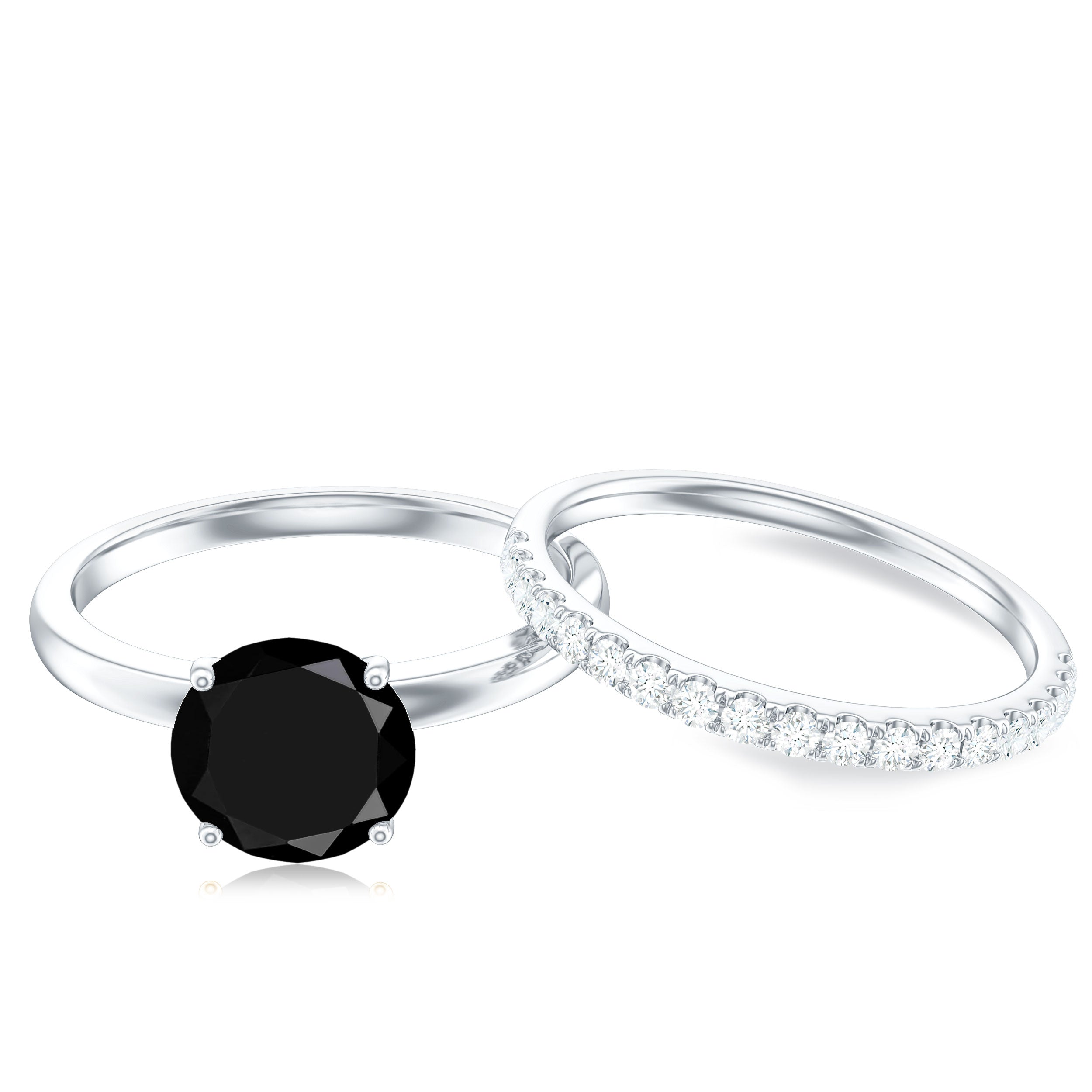 Natural 2 Carat Black Onyx Solitaire Engagement Rings with Diamond Enhancer