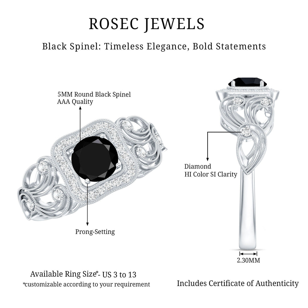Natural Black Spinel Retro Engagement Ring with Diamond