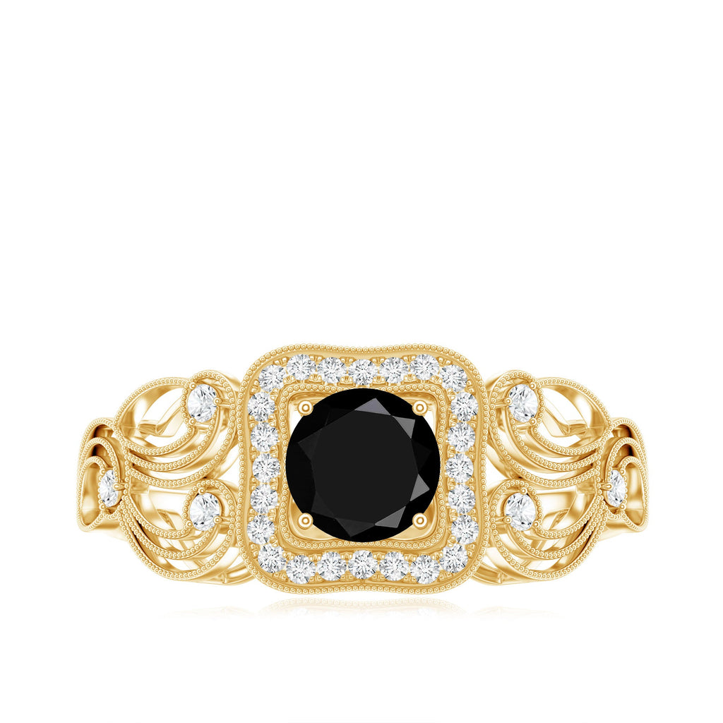 Natural Black Spinel Retro Engagement Ring with Diamond