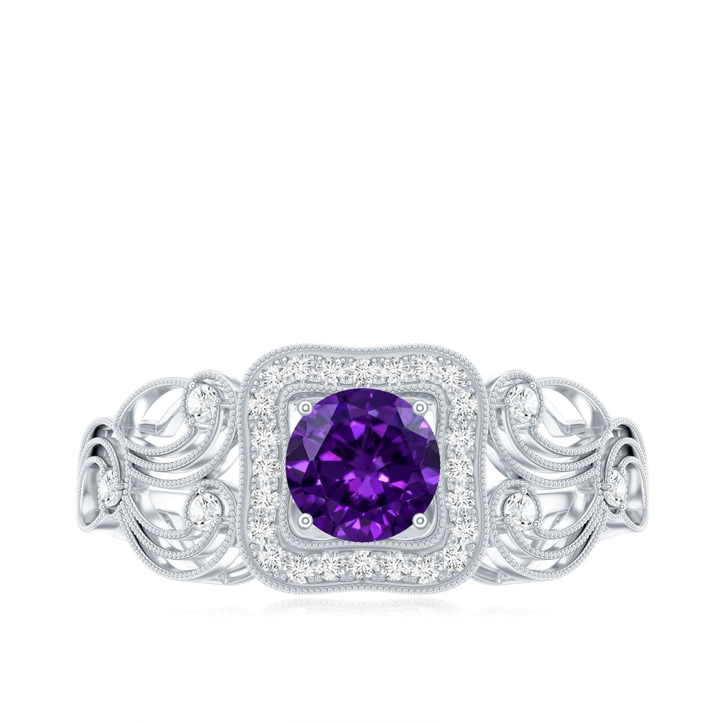 Vintage Inspired Real Amethyst Engagement Ring with Diamond