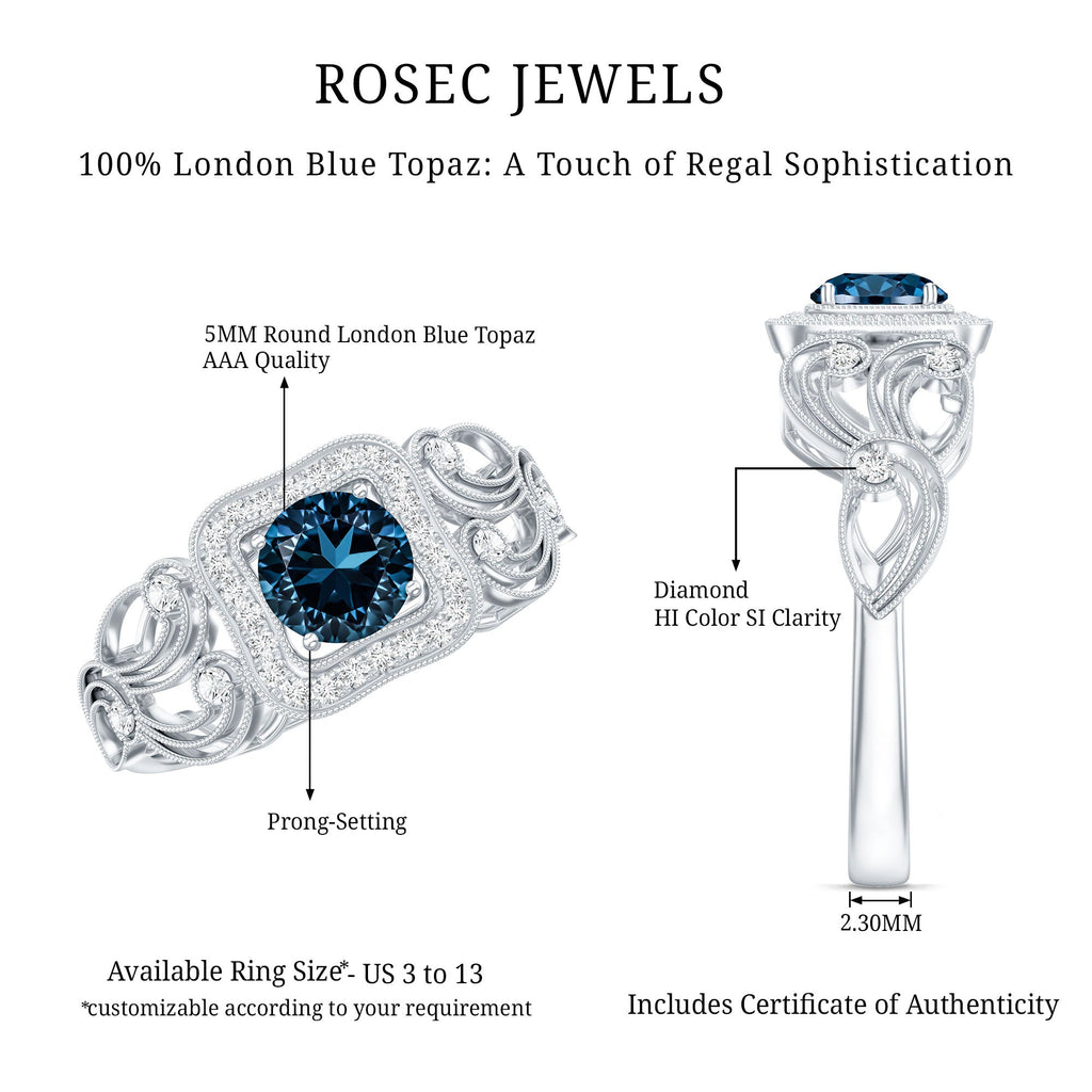 Certified London Blue Topaz Art Deco Engagement Ring with Diamond Halo