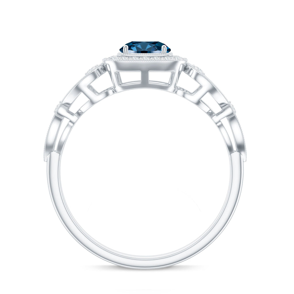 Certified London Blue Topaz Art Deco Engagement Ring with Diamond Halo