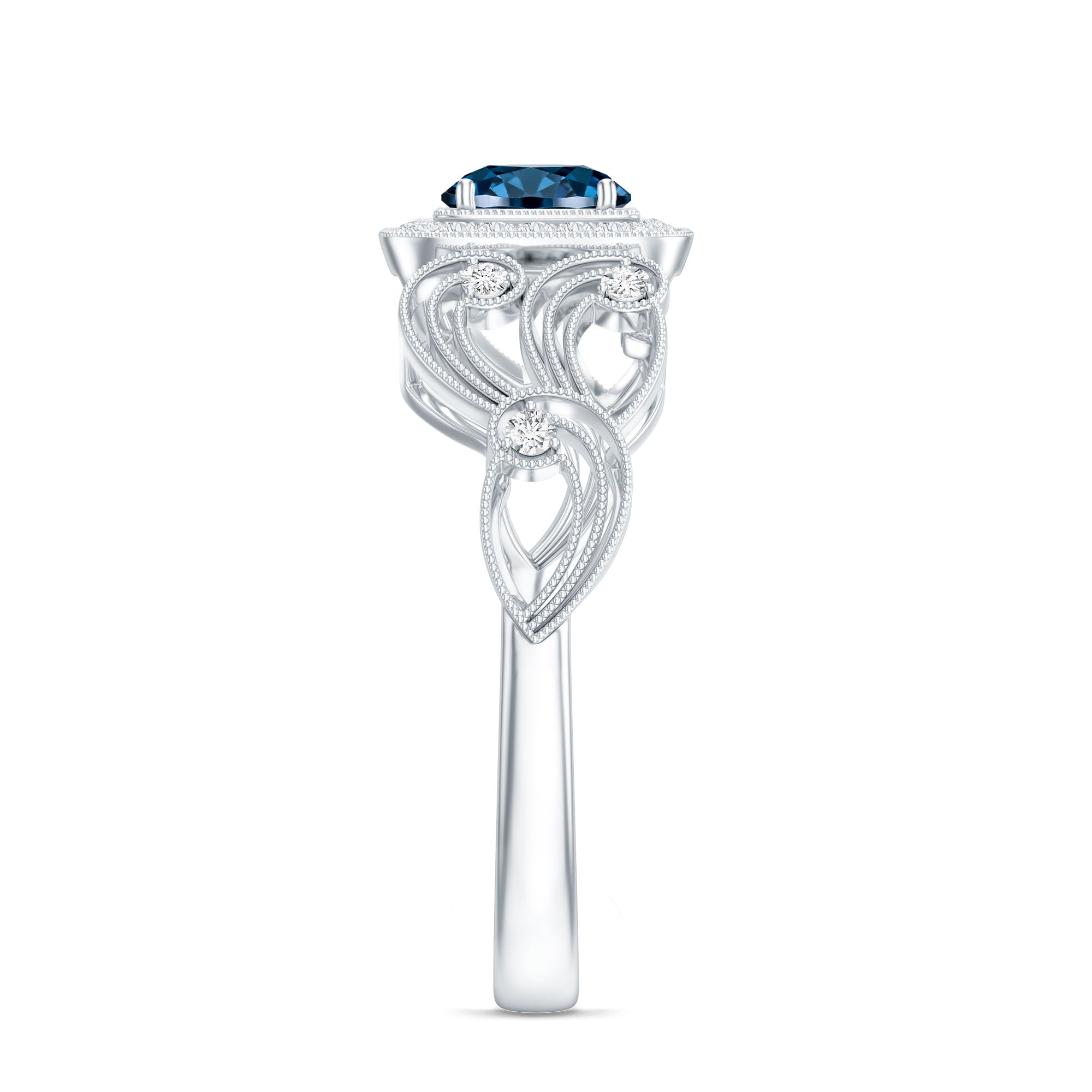Certified London Blue Topaz Art Deco Engagement Ring with Diamond Halo