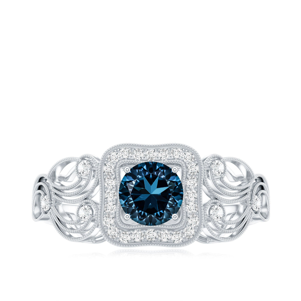 Certified London Blue Topaz Art Deco Engagement Ring with Diamond Halo