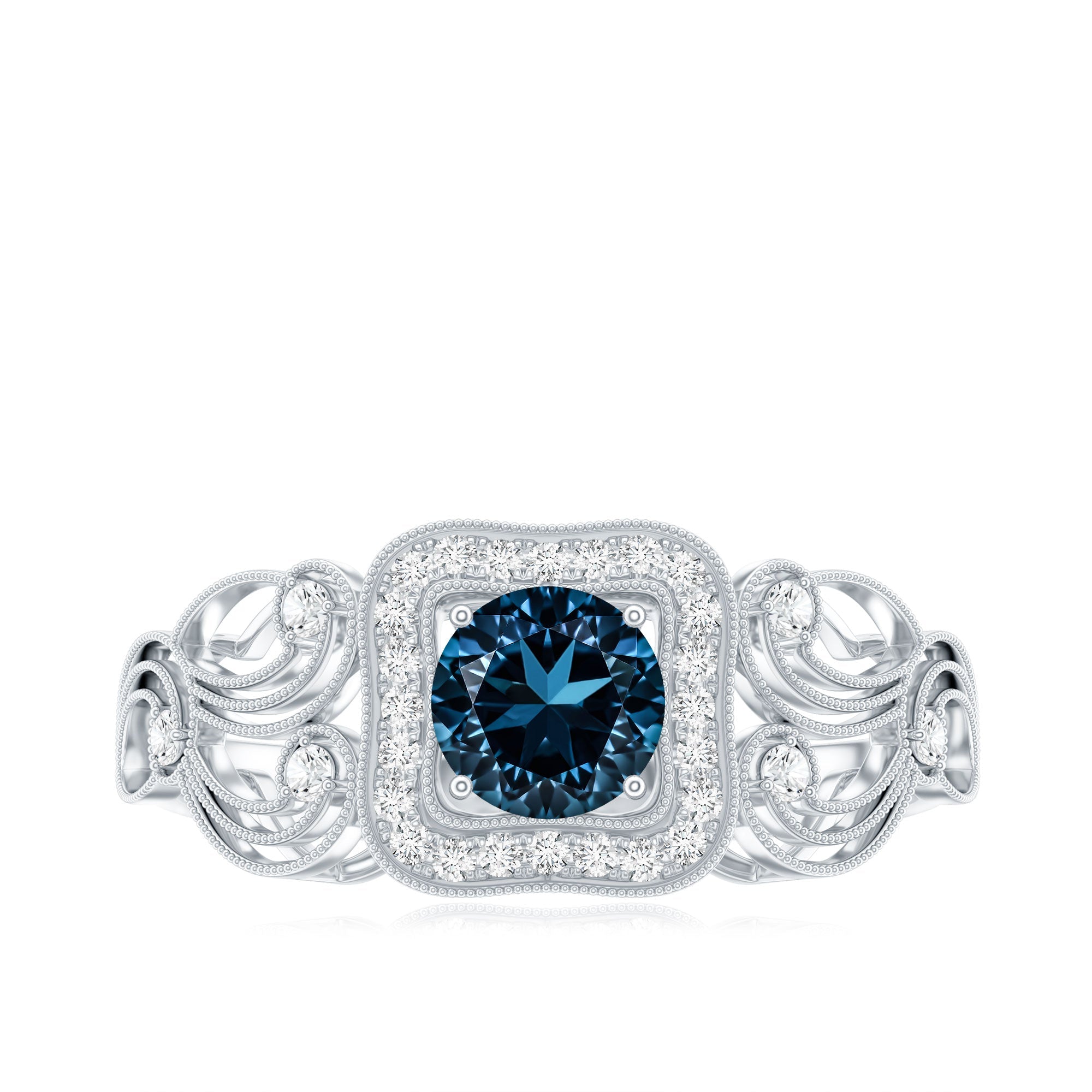 Certified London Blue Topaz Art Deco Engagement Ring with Diamond Halo
