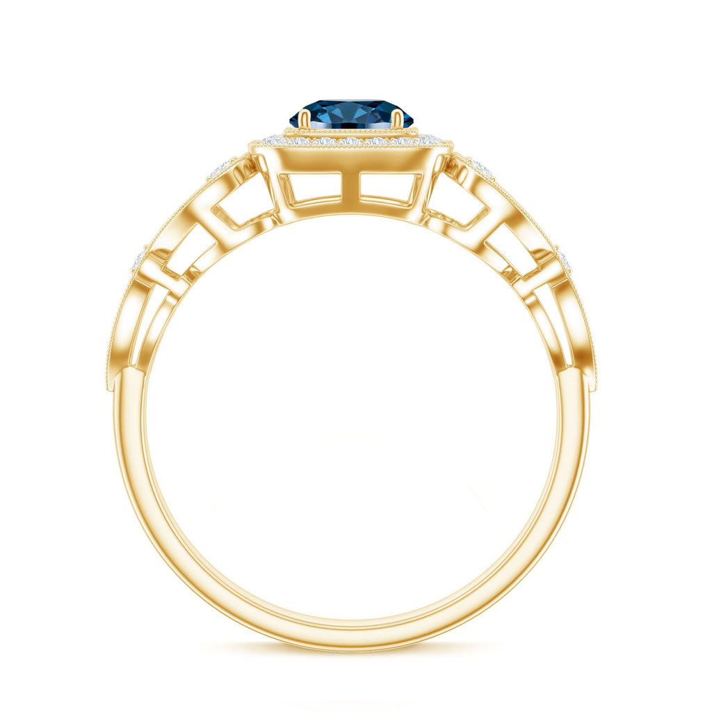 Certified London Blue Topaz Art Deco Engagement Ring with Diamond Halo