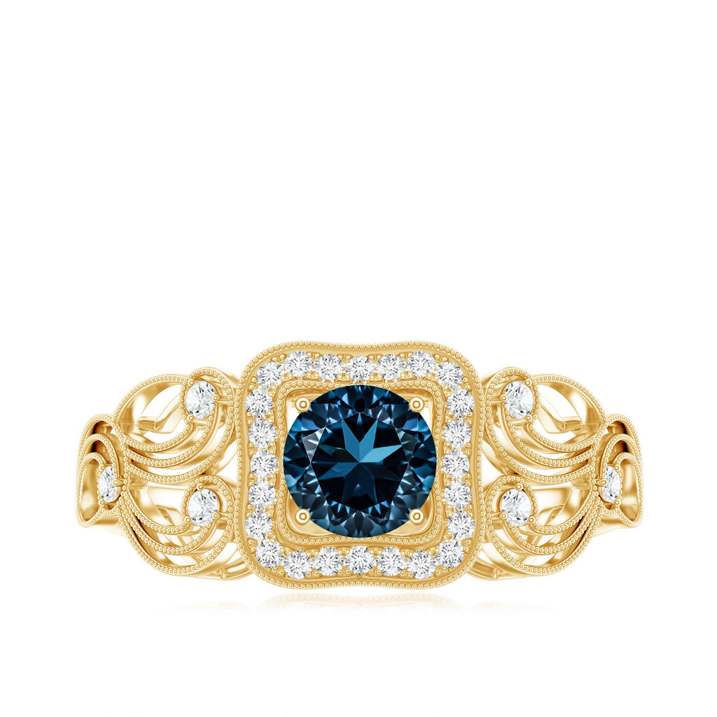 Certified London Blue Topaz Art Deco Engagement Ring with Diamond Halo