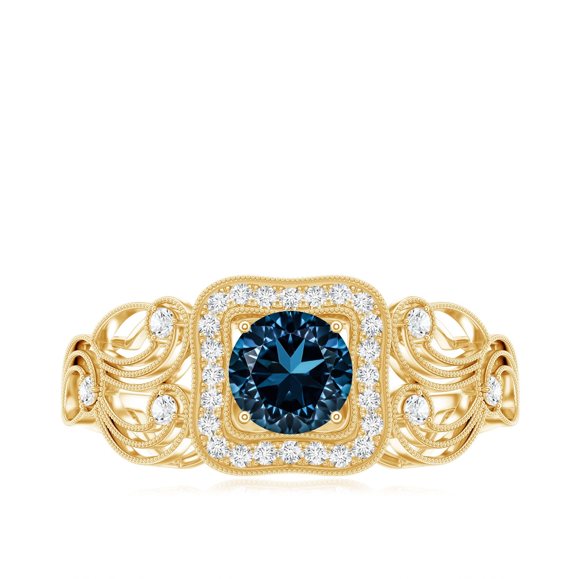 Certified London Blue Topaz Art Deco Engagement Ring with Diamond Halo