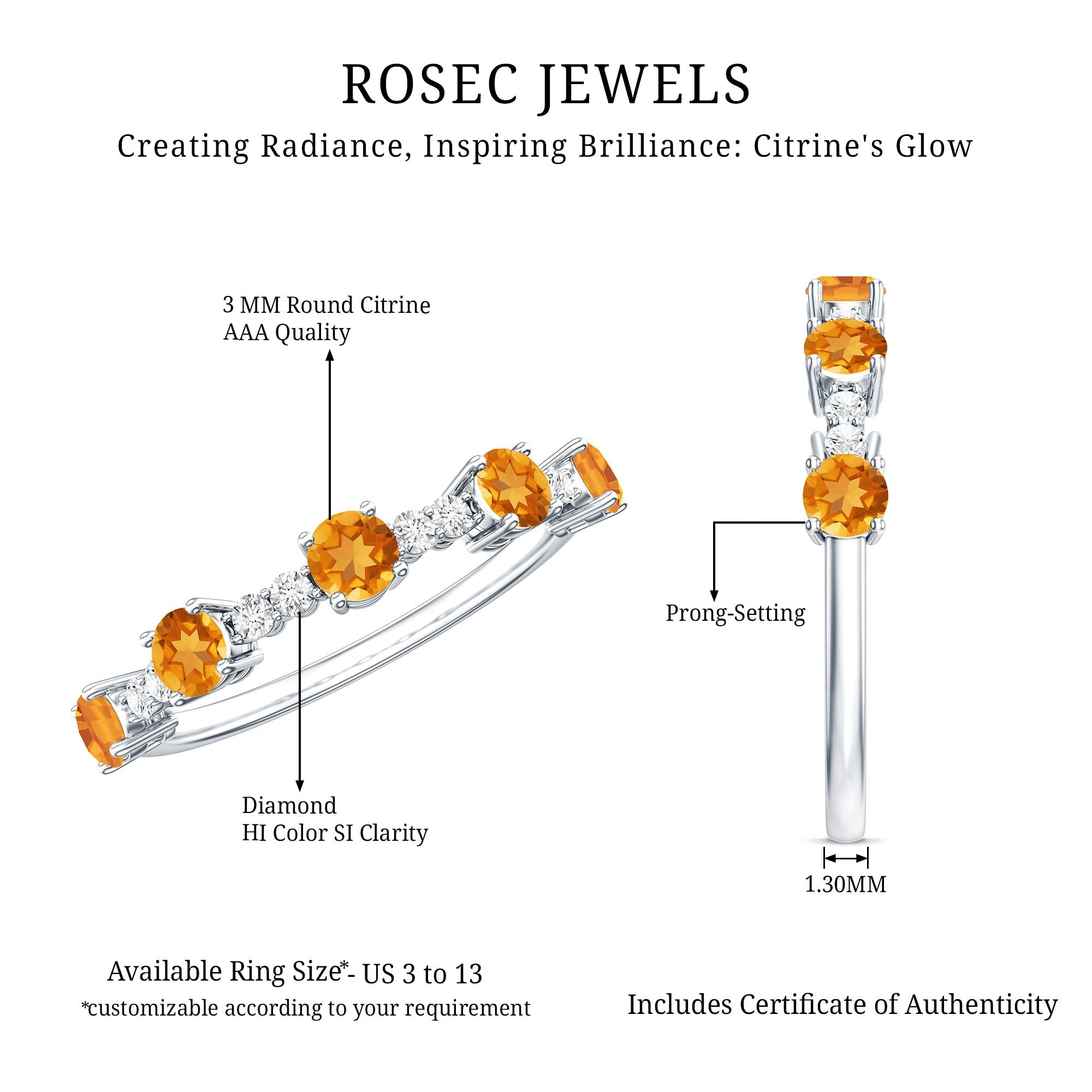 Natural Citrine Diamond Half Eternity Ring for Anniversary
