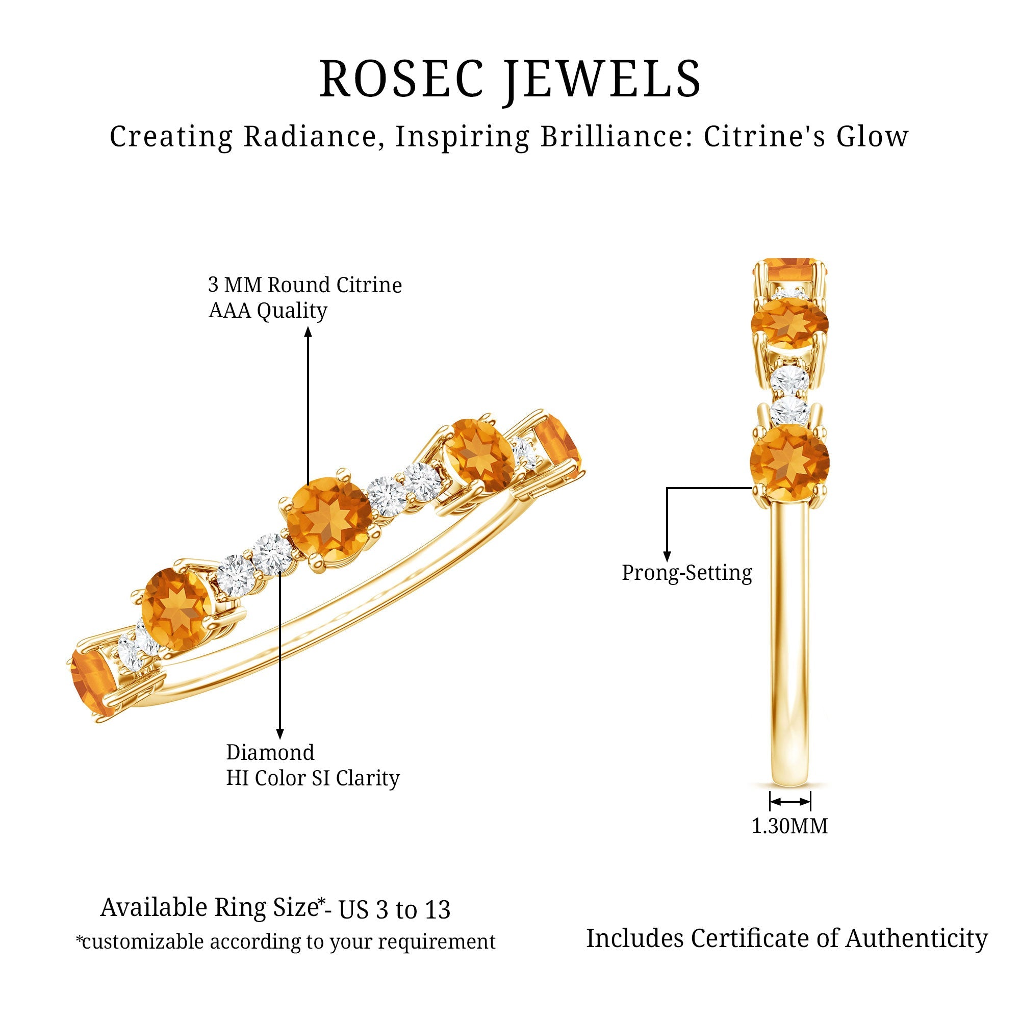 Natural Citrine Diamond Half Eternity Ring for Anniversary