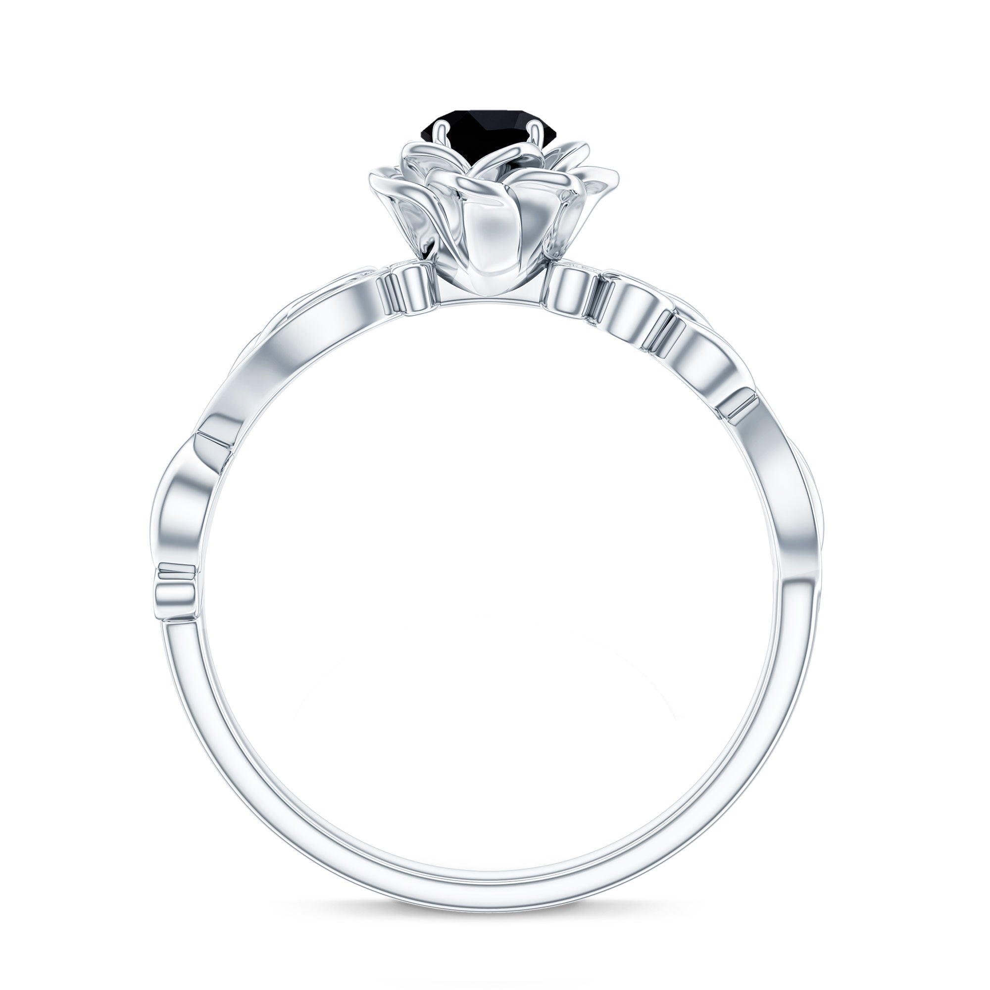 Real Black Spinel Blooming Flower Engagement Ring with Diamond