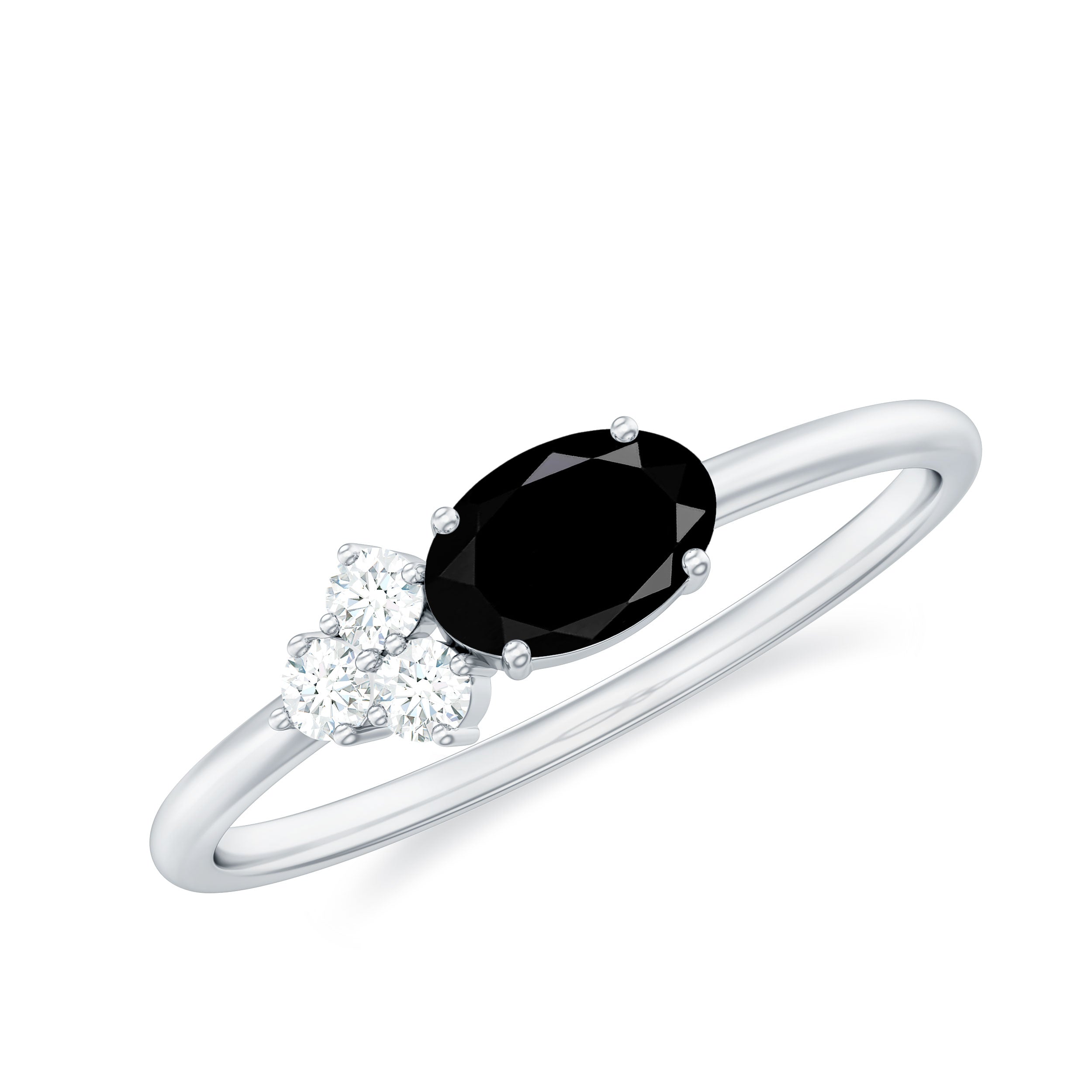 0.4 Carat Oval Cut Black Onyx Minimal Promise Ring with Diamond Trio