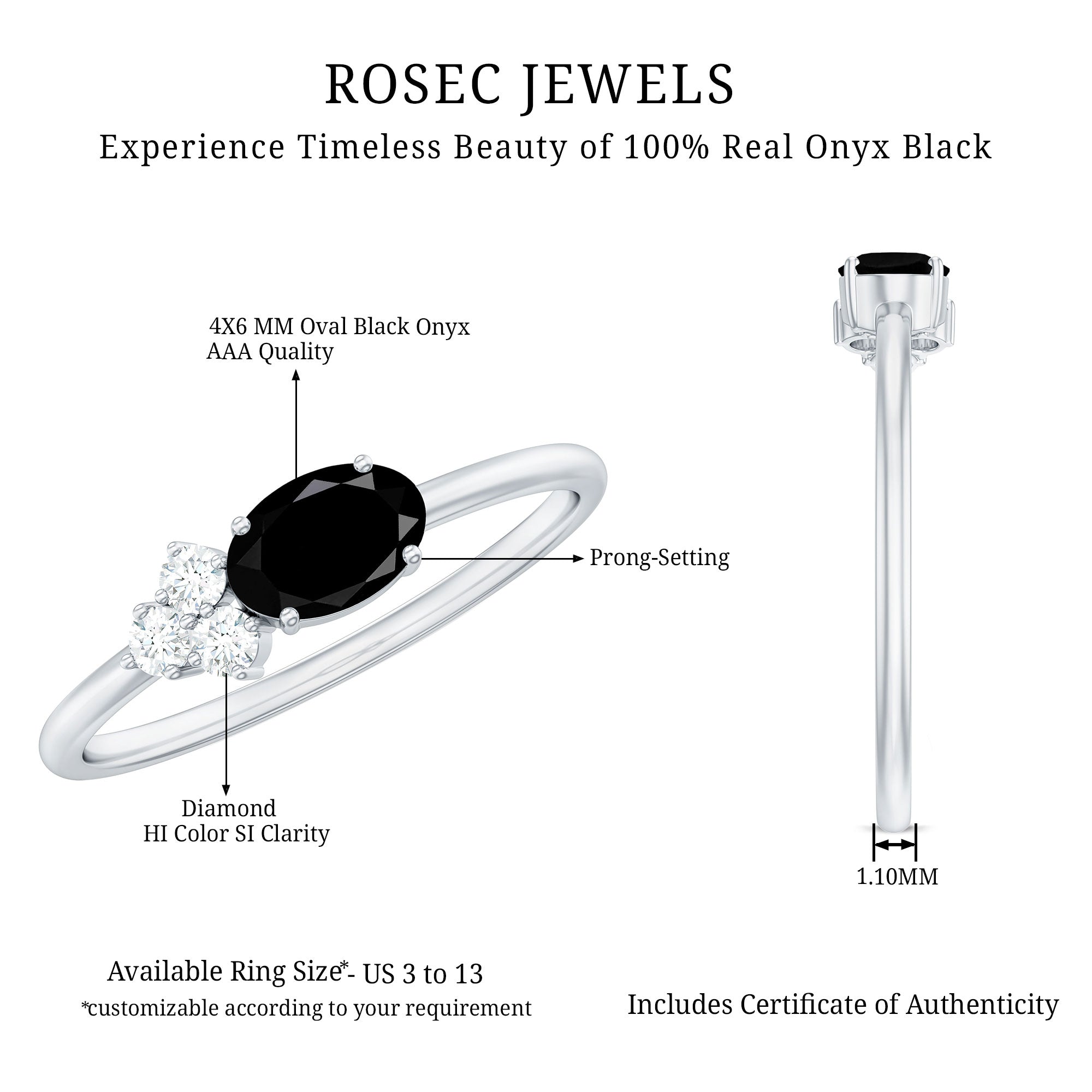 0.4 Carat Oval Cut Black Onyx Minimal Promise Ring with Diamond Trio