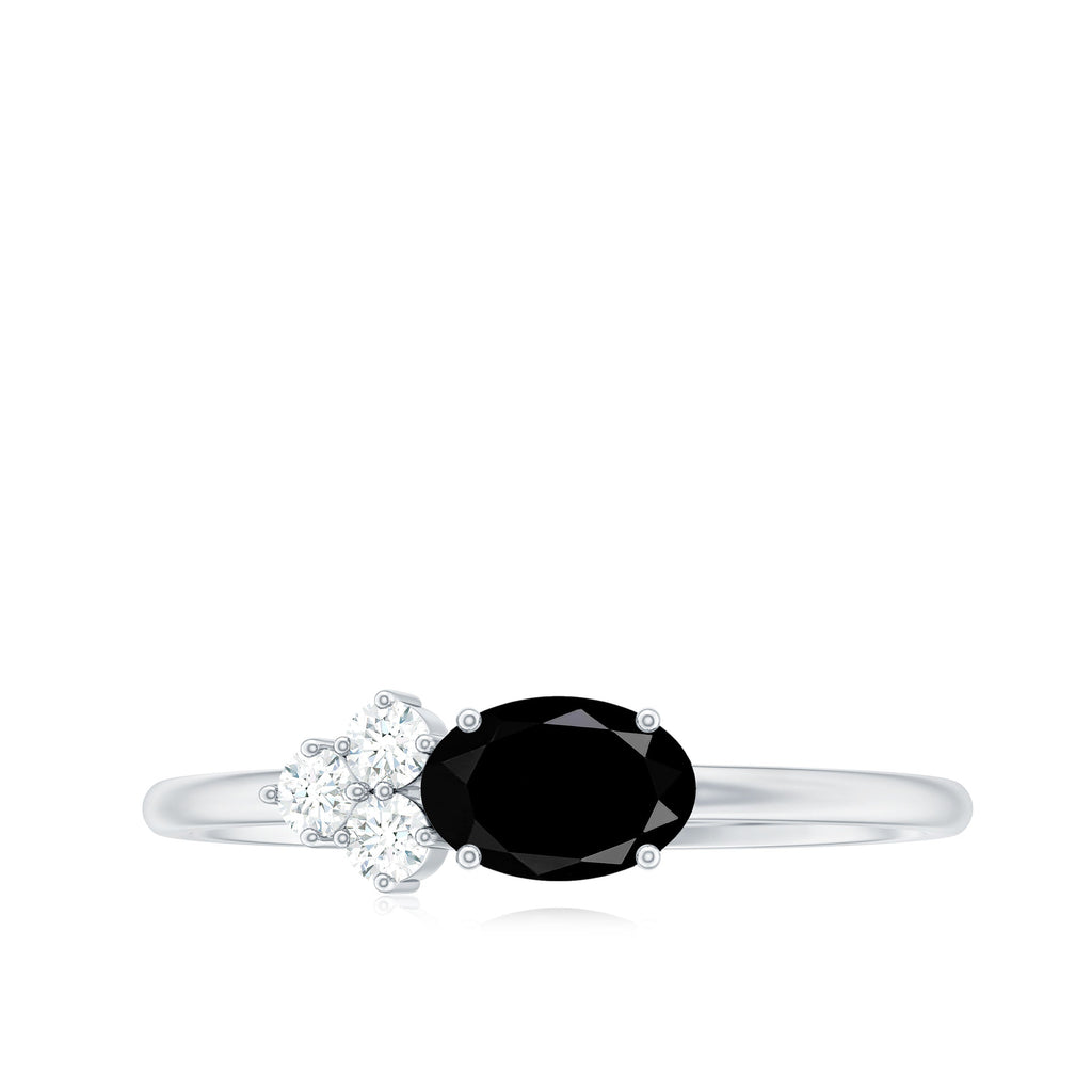 0.4 Carat Oval Cut Black Onyx Minimal Promise Ring with Diamond Trio