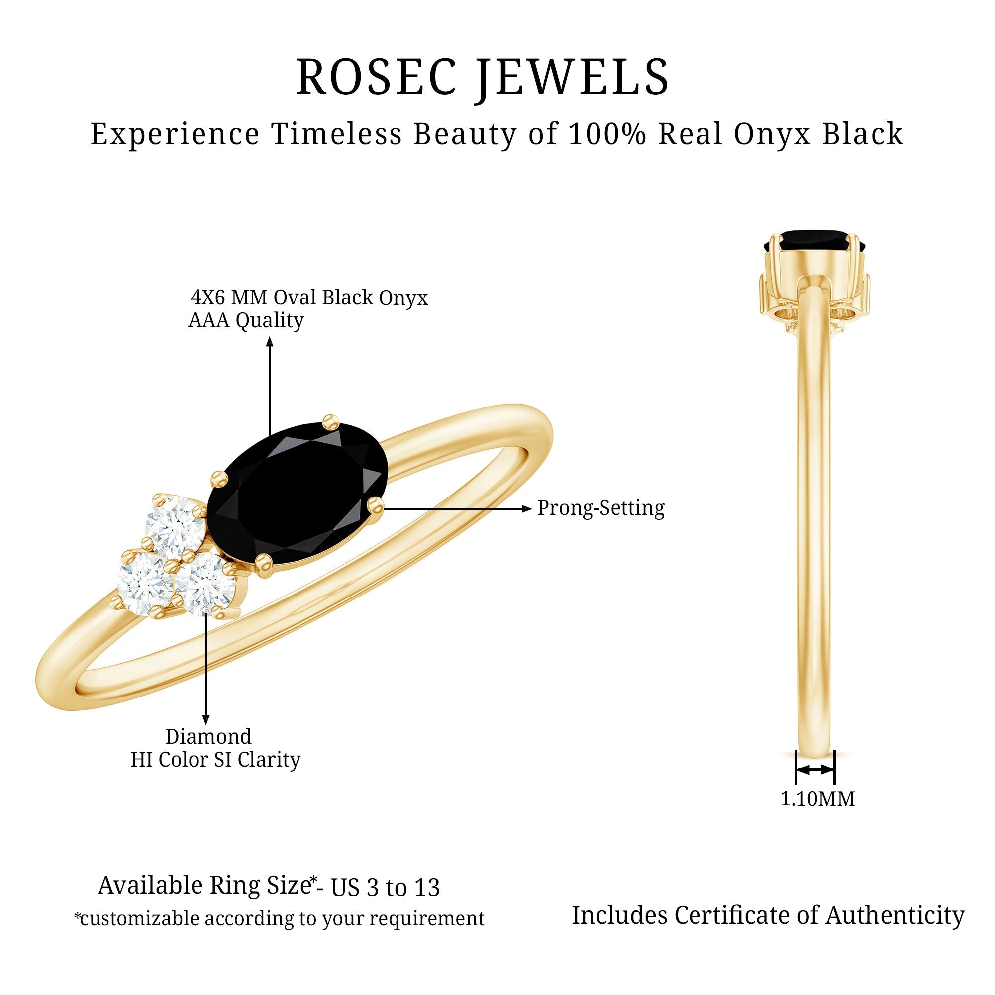 0.4 Carat Oval Cut Black Onyx Minimal Promise Ring with Diamond Trio