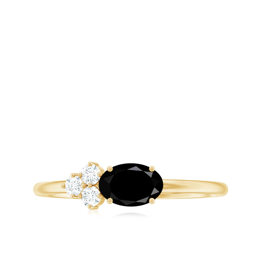 0.4 Carat Oval Cut Black Onyx Minimal Promise Ring with Diamond Trio