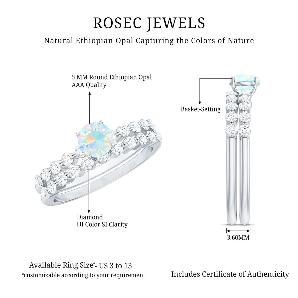 Certified Natural 0.5 Carat Ethiopian Opal Diamond Wedding Engagement Ring Set of 2