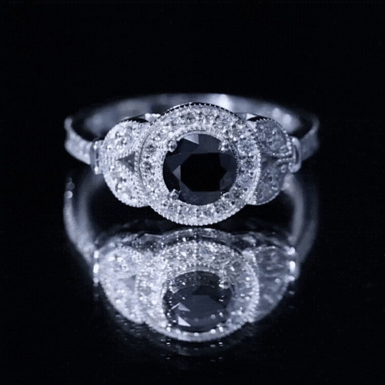 2 Carat Round Black Onyx Vintage Engagement Ring with Diamond Halo