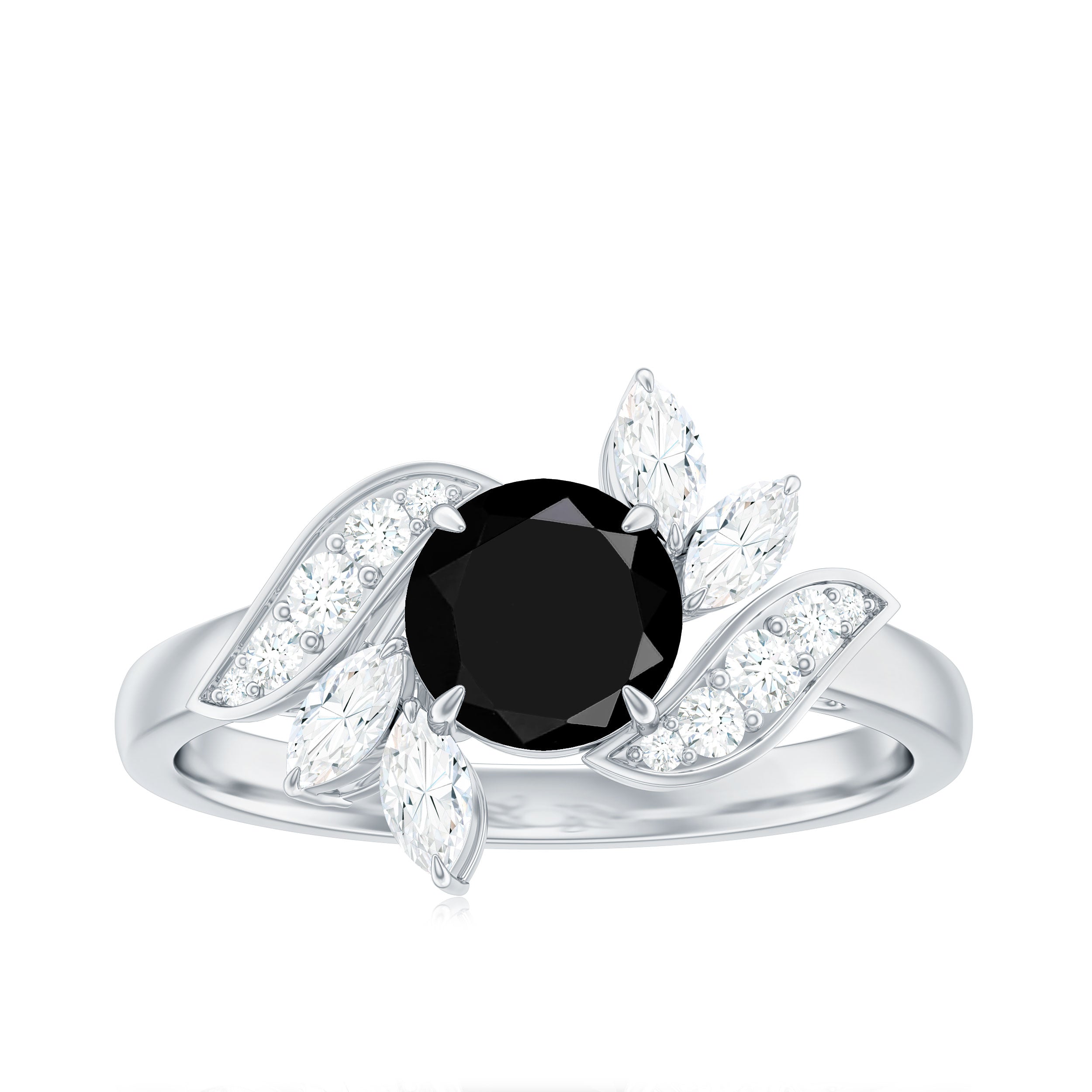 Genuine 2 Carat Round Black Onyx Floral Engagement Ring with Certificate